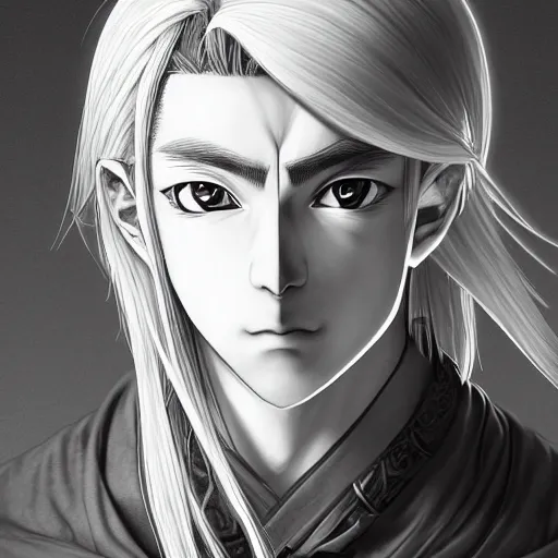 Image similar to an immortal xianxia cultivator with long blonde hair as an absurdly handsome, elegant, young anime man, ultrafine hyperrealistic detailed face illustration by kim jung gi, irakli nadar, intricate linework, sharp focus, bright colors, matte, gujian, final fantasy, unreal engine highly rendered, global illumination, radiant light, intricate environment