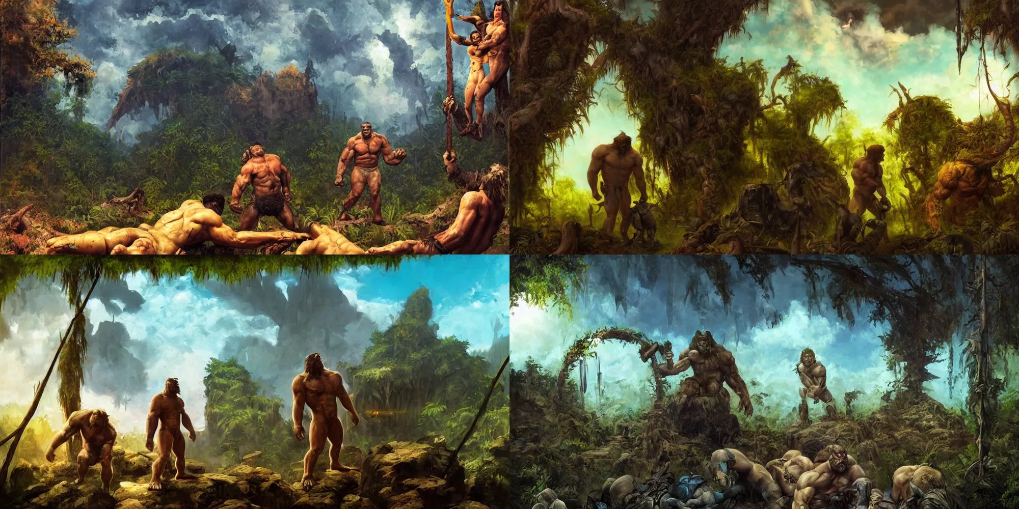 Prompt: muscular grizzly bear barbarian wrestler and small astronaut in moody frazetta jungle , dead corpses , cyan portal gate , big graveyard, extremely textured frazetta oil painting panorama dramatic sky backlight