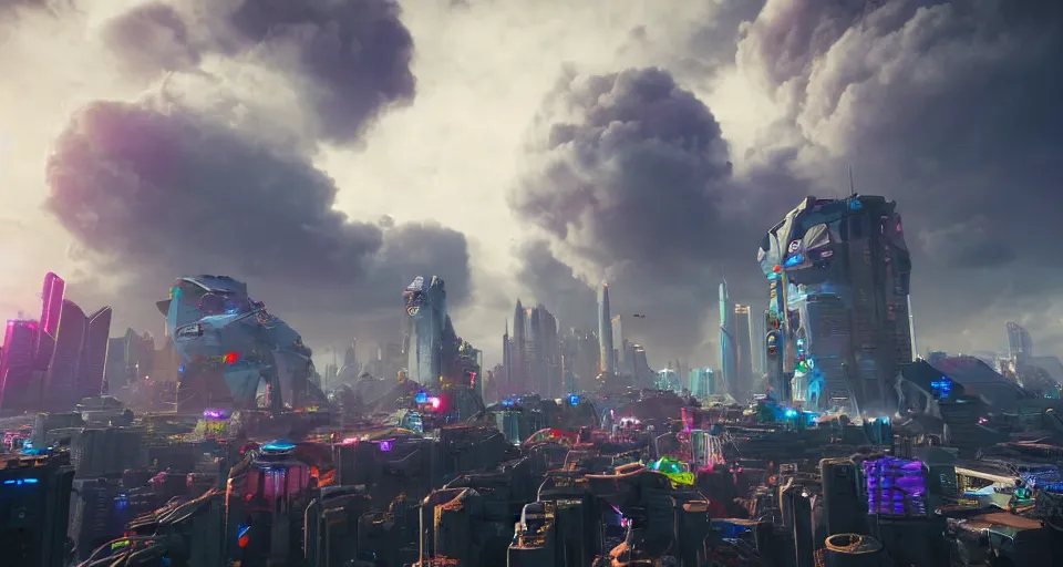 Image similar to a photo of monolithic mech reaching through the dense clouds towering over a crowd of astronauts in a futuristic city, ultra realistic, hyper - detailed, unreal engine, raytraced lighting, colorful accents