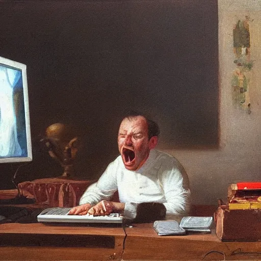 Image similar to an angry man yells at his computer monitor, oil on canvas, 1 8 8 3, highly detailed