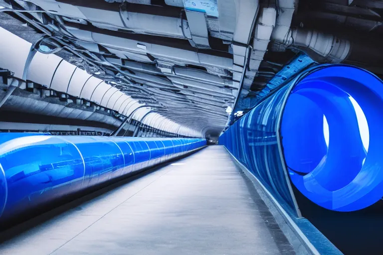 Prompt: dark blue transparent plastic hyperloop underneath city