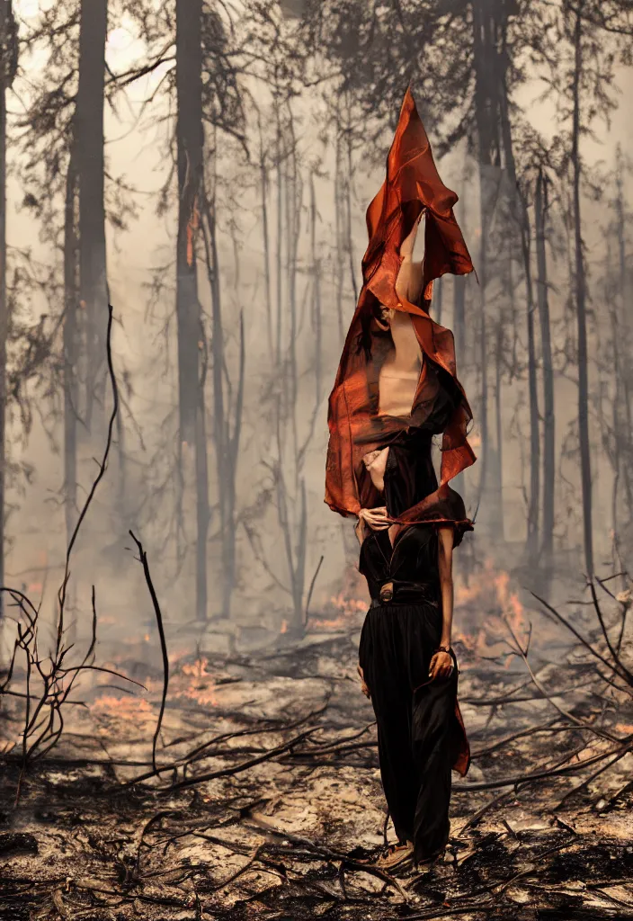 Prompt: fashion editorial in forest fire burning.