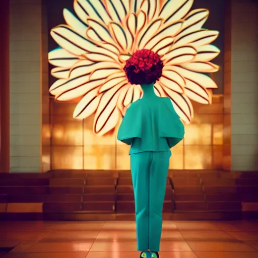 Image similar to giant flower head, full body, girl standing in mid century hotel, surreal, symmetry, bright colors, cinematic, wes anderson