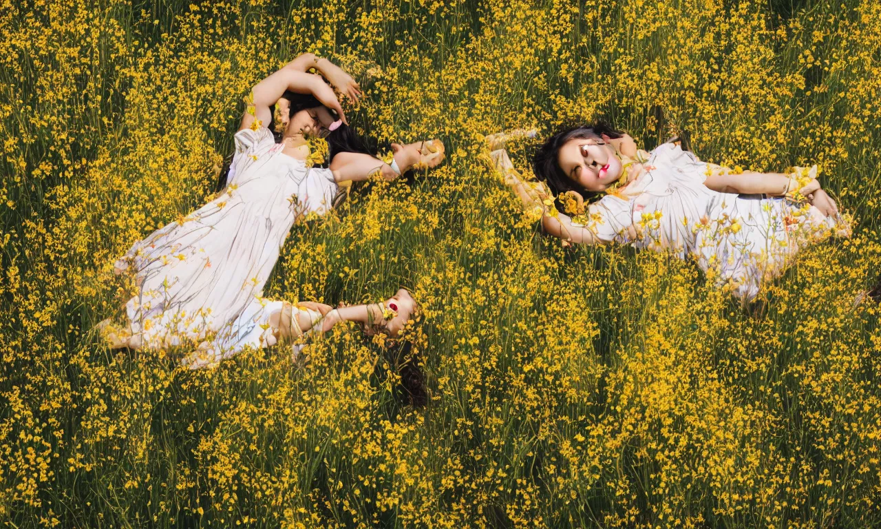 Prompt: a beautiful Asian woman lying in a field of wildflowers, wearing a yellow and white sun dress, close, dreamy