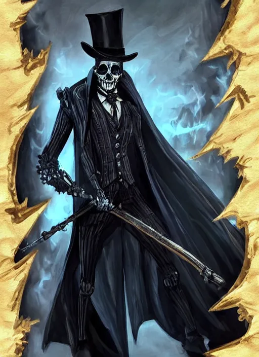 Image similar to DND character art, skeletal male figure, wearing a deep black suit!!! and tie and top hat, holding a gold! cane!, blue flames!!