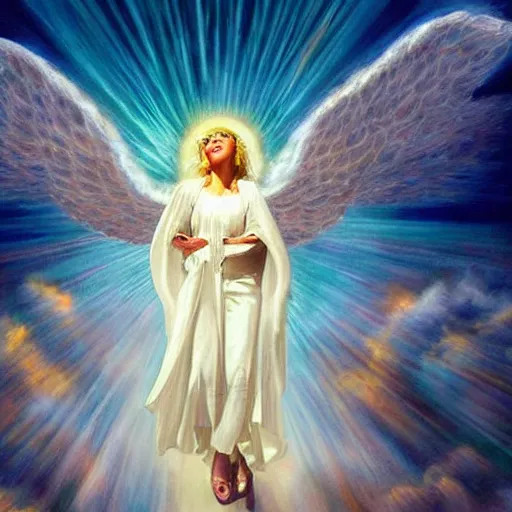 Image similar to church painting of lady gaga angel in heaven, super realistic, celestial, miraculous, sun rays, award winning