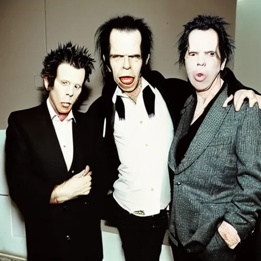 Image similar to tom waits, shane mcgowan and nick cave eat dinner together