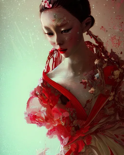 Image similar to detailed photo of pearl japanese doll, beautiful clothes, innocent, elegant red dress, 8 k, by tristan eaton, stanley artgermm, tom bagshaw, greg rutkowski, carne griffiths, trending on deviantart, hyper detailed, glorious lighting, epic environment