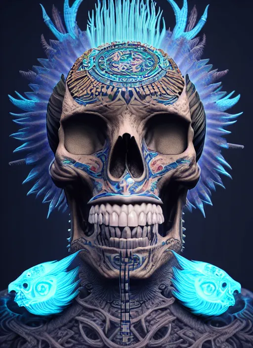 Image similar to 3 d shaman with tattoos profile portrait, sigma 5 0 0 mm f / 5. beautiful intricate highly detailed quetzalcoatl skull and feathers. bioluminescent, plasma, frost, water, wind, creature, gradient background, thunderstorm! artwork by tooth wu and wlop and beeple and greg rutkowski, 8 k trending on artstation,