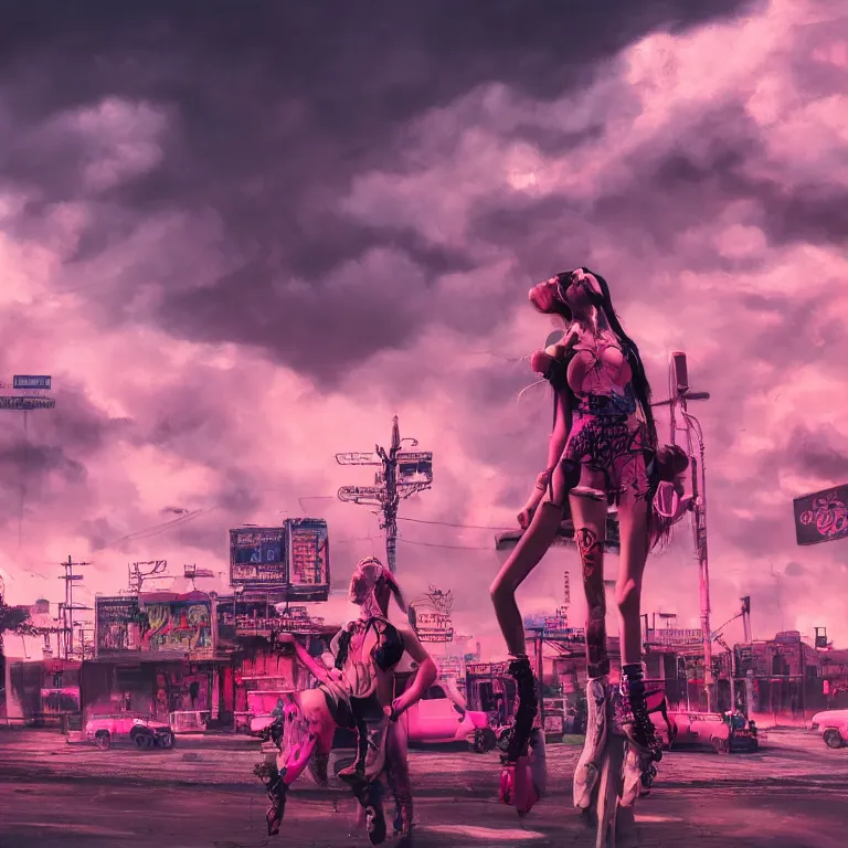 Image similar to oil painting, punk, pretty face, rich deep colors masterpiece, pink, people with mohawks, neon, ultra detailed, contrast, heaven pink, arches, clouds, sky, volumetric light, atmospheric lighting, dramatic, cinematic, steampunk, moody, octane render 4 k, 8 k