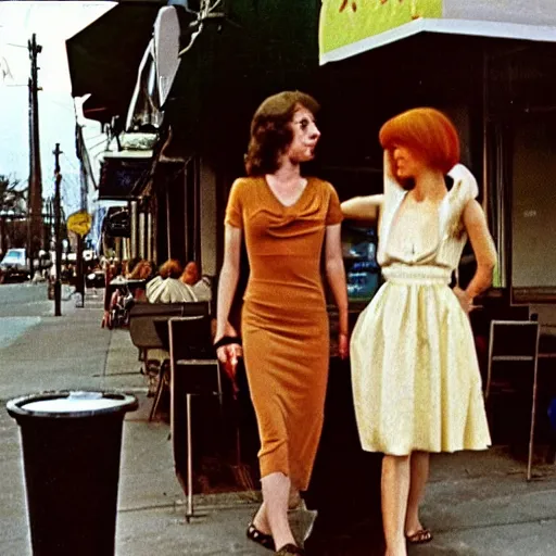 Image similar to 1981 color archival photo of a glamorous woman in a dress, and her friend, Casper the Friendly Ghost, in a sidewalk cafe, 16mm film soft color, earth tones and soft color 1981, live-action archival footage, in style of doris wishman russ meyer, woman looks like young mia farrow