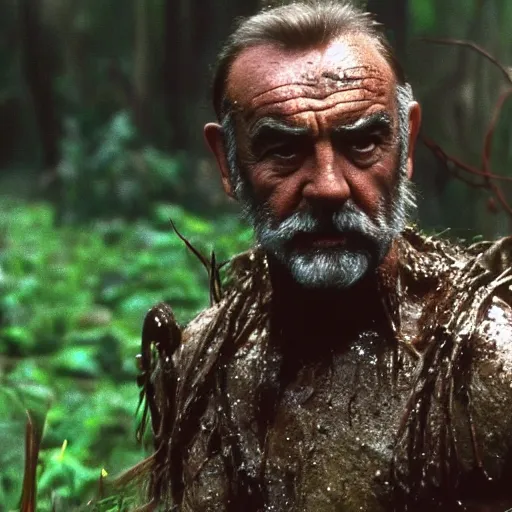 Image similar to cinematic still of sean connery, covered in mud and watching a predator in a swamp in 1 9 8 7 movie predator, hd, 4 k