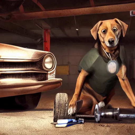 Prompt: photorealistic of a dog working as a mechanic, dynamic lighting, highly detailed