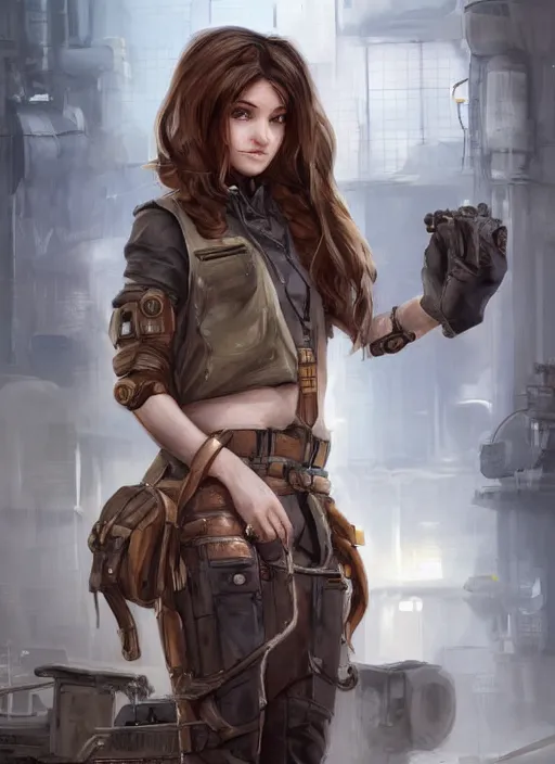 Image similar to a portrait digital painting of a young girl with hazel - brown hair. post - apocalyptic clothing. she's wearing a mechanics uniform and has been working on some large machinery. a factory background with big machines, pipes, computer monitors. painted by artgerm, ross tran.