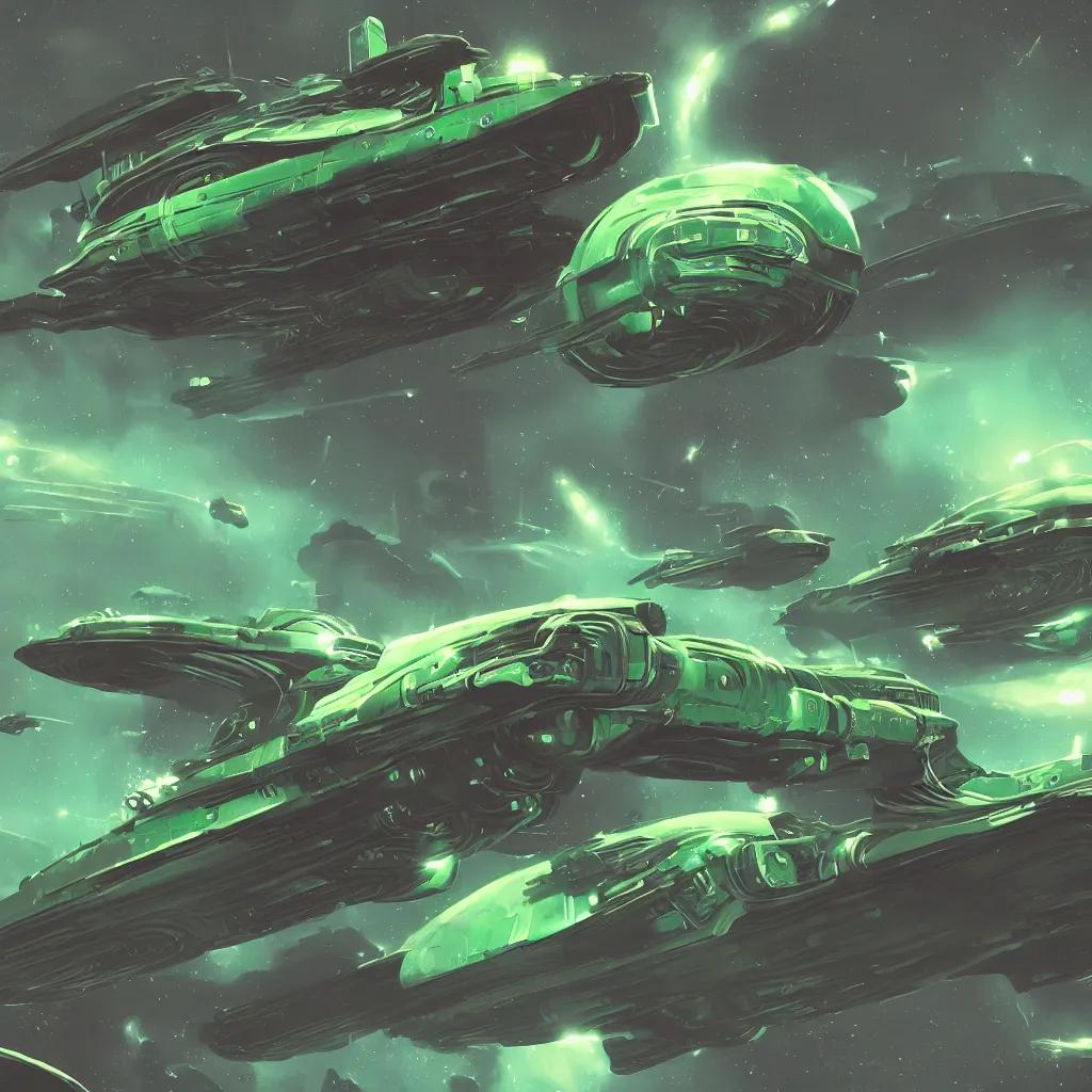 Image similar to no man sky concept art, 1920 retro futurism ship, capital space ship in space, intricate, elegant, highly detailed, toxic green glow, mosh planet in background, damp temperature, colossal space ship, digital painting, artstation, concept art, smooth, sharp focus, illustration