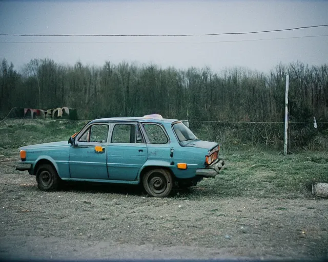 Image similar to a lomographic photo of old lada 2 1 0 7 standing in typical soviet yard in small town, hrushevka on background, cinestill, bokeh