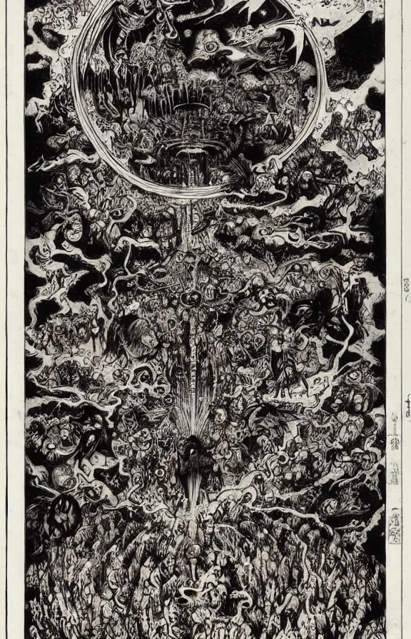 Prompt: Dante's Nine Circles of Hell by Utagawa Kuniyoshi and Stephen Gammell and Dan Mumford