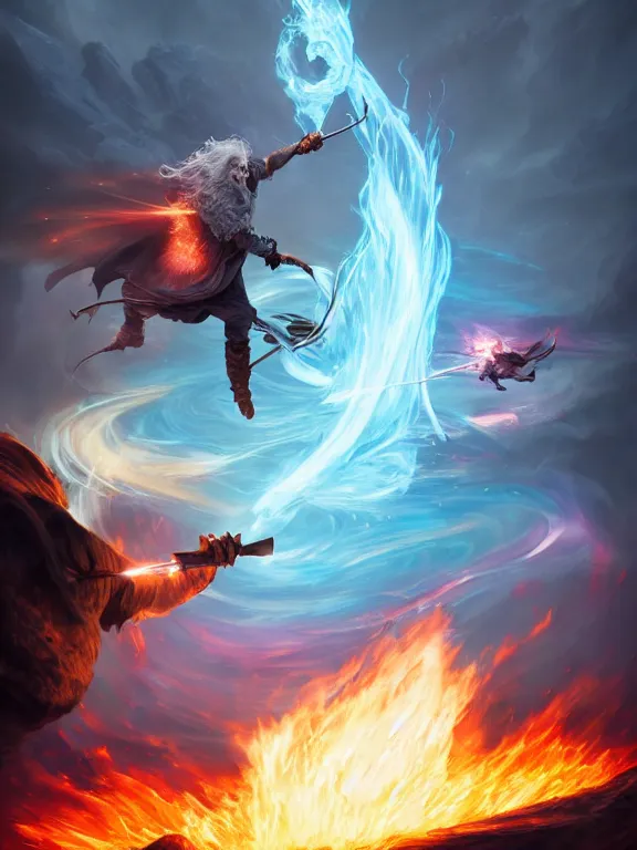 Image similar to photo of 8k ultra realistic Gandalf fighting the balrog, full of colour, cinematic lighting, battered, trending on artstation, 4k, hyperrealistic, focused, extreme details,unreal engine 5, cinematic, masterpiece, art by Peter Mohrbacher