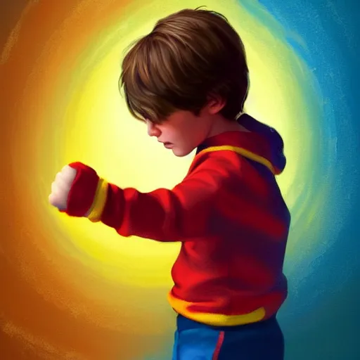 Image similar to colorful and festive captivating young child boy, brown fluffy hair, wearing red and yellow clothes, shooting a yellow energy sphere out of his fist. full body, rich vivid colors, ambient lighting, dynamic lighting, 4 k, atmospheric lighting, painted, intricate, highly detailed by charlie bowater