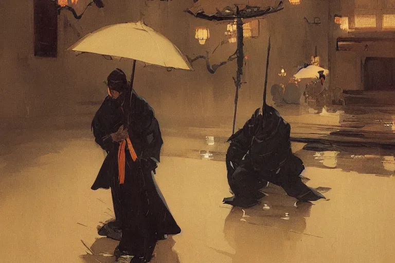 Image similar to portrit of a ninja on a rainy night by joaquin sorolla, greg rutkowski, hokusai