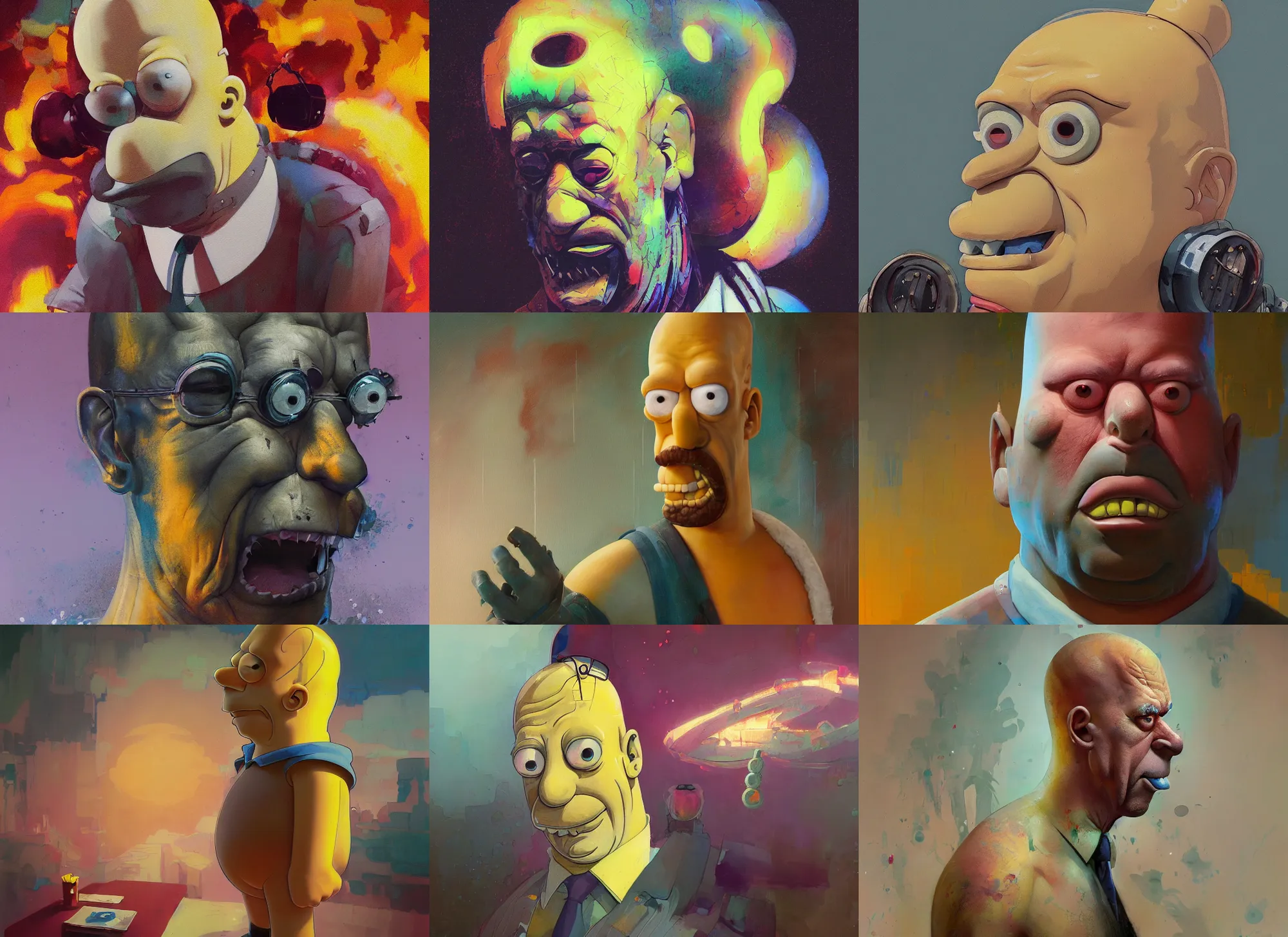 Prompt: a mixed media portrait painting of homer simpson, by frank frazetta, greg rutkowski, beeple, yoko taro, christian macnevin, beeple, wlop and krenz cushart, epic fantasy character art, volumetric indoor lighting, midday, high fantasy, cgsociety, cheerful colours, full length, exquisite detail, post - processing, masterpiece, cinematic