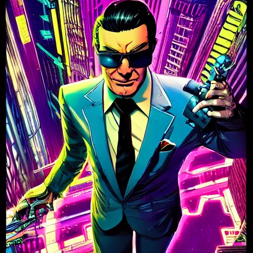 Prompt: a cyberpunk mafia boss with slicked back hair, in a cyberpunk setting, comic book art, cyberpunk, art by stan lee, neon lines, 8 0 s vibe colorful, bright high tech lights, movie still, epic, dramatic, marvel comics, dc comics