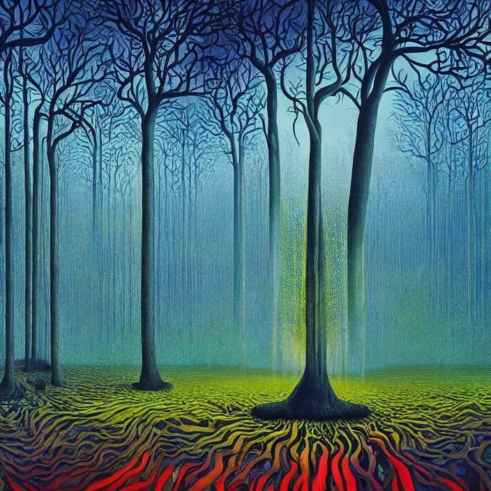 Image similar to charles burchfield art painting, beautiful arboreal forest by Adriaan Herman Gouwe, oregon washington rain forest by beeple, the sun glitchart, glitch effect sunlight, alien dream worlds, hellscape, seascape, with surreal architecture designed mega structures inspired by Garden of Earthly Delights, vast surreal landscape and horizon