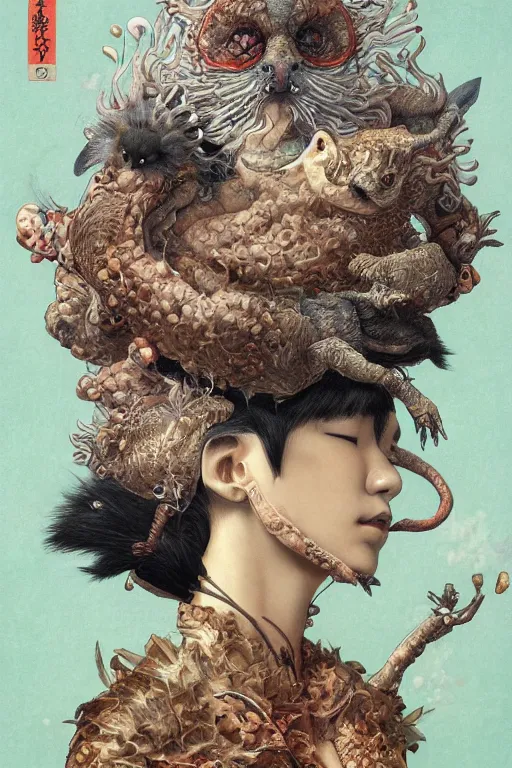 Prompt: a cover of japanese art magazine about animal creatures bio by illustrated by miyazaki by karol bak, james jean, tom bagshaw, rococo, sharp focus, trending on artstation, cinematic lighting, hyper realism, octane render, 8 k, hyper detailed, vivid, ultra detailed, highly detailed