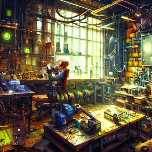 Prompt: cyberpunk tinkerer's workshop cryengine render by android jones, james christensen, rob gonsalves, leonid afremov and tim white