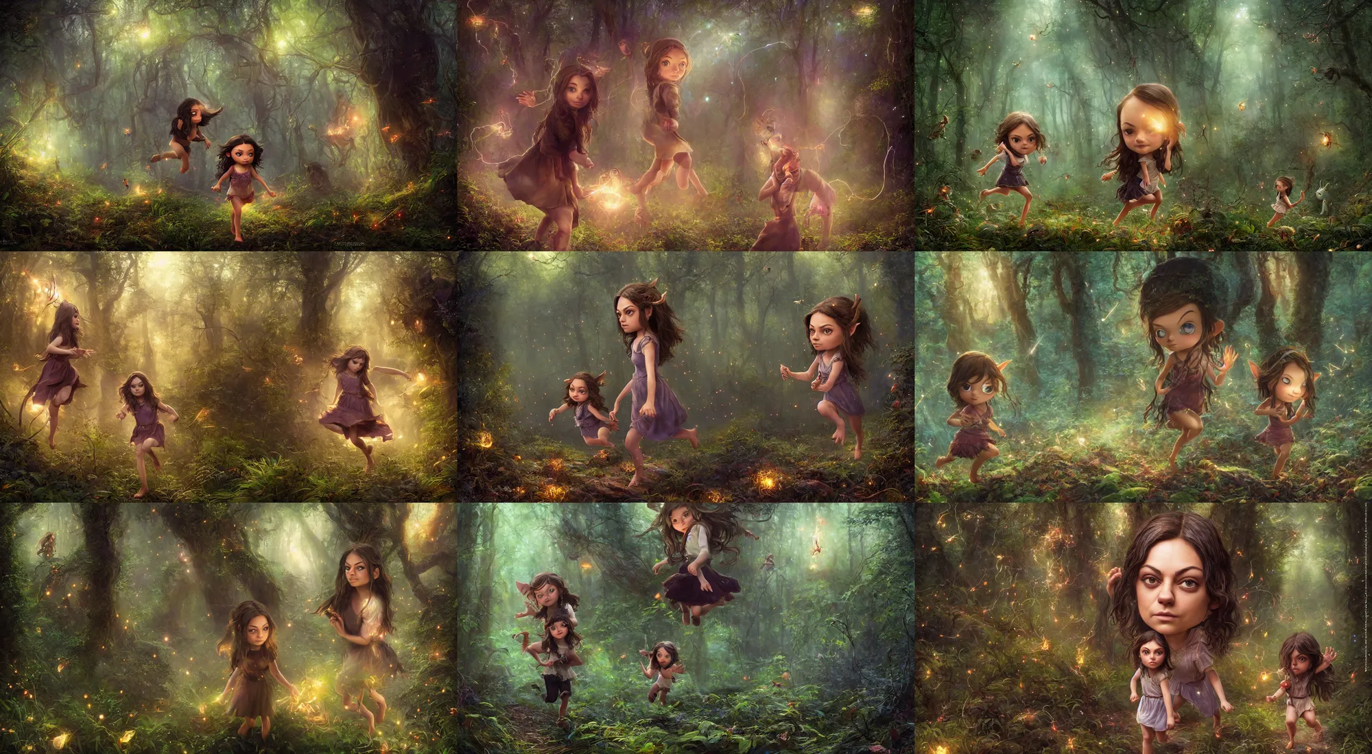 Image similar to portrait of wondrous little mila kunis running through mystical mythical elven forest wide - eyed, fireflies, electricity, wlop, steve argyle, ilya kuvshinov, ralph horsley, rossdraw, mark ryden, daniel f. gerhartz, sophie anderson, lilia alvarado, tom chambers