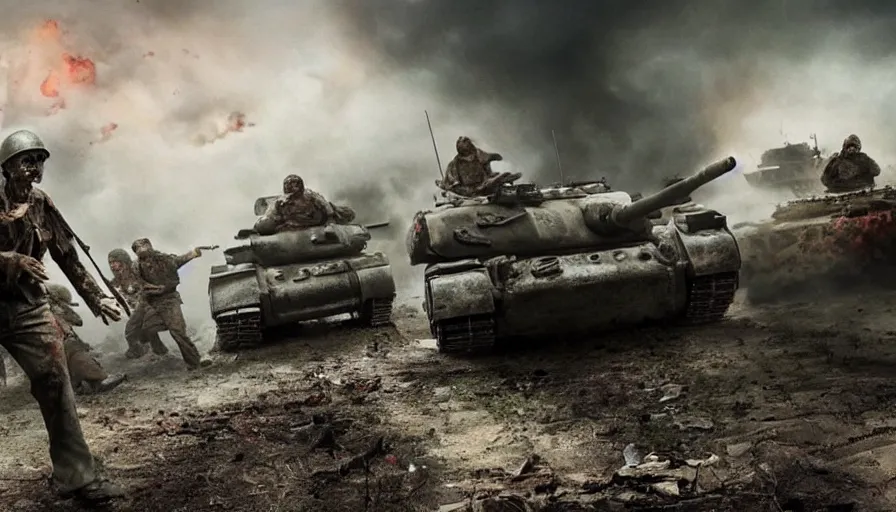 Image similar to big budget movie about a world war 2 where zombies are attacking a tank