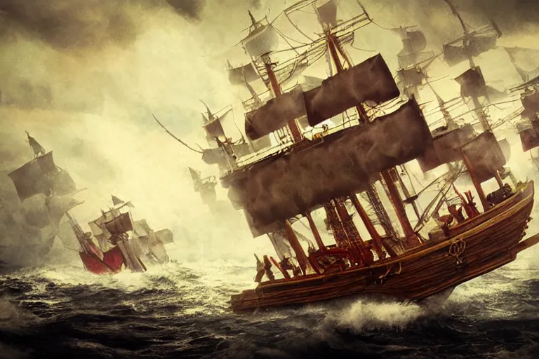 Image similar to epic pirate ship cannon battle in a storm, in the style of vernon grant and chris van allsburg, trending on artstation, bright tilt - shift camcorder effect, photoshop, retrowave, hyperrealism, octane, sharp focus, masterpiece