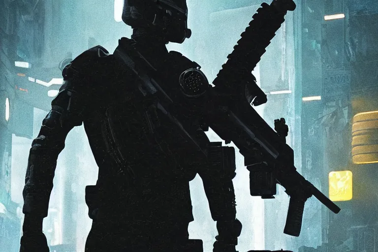 Prompt: soldier standing in murky water dark. cyberpunk soldier helmet mecha armor black matte angular armor white Chinese writing. Holding AR-15 rifle black. Bladerunner 2049 ((Cyberpunk2077))