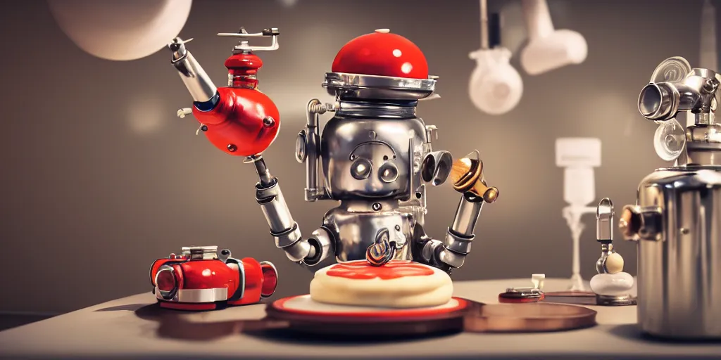 Prompt: closeup portrait of tin toy retro robot chef cooking pastry cake with chemicals flasks in a kitchen, depth of field, zeiss lens, detailed, centered, fashion photoshoot, by nicoletta ceccoli, mark ryden, lostfish, breathtaking, 8 k resolution, extremely detailed, beautiful, establishing shot, artistic, hyperrealistic, octane render