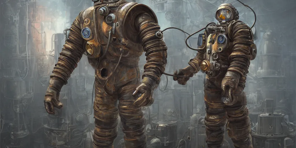 Prompt: highly detailed portrait painting of welder stallone in atmospheric diving suit, perfect symmetrical eyes, by eddie mendoza and tyler edlin, windows, 8 k resolution