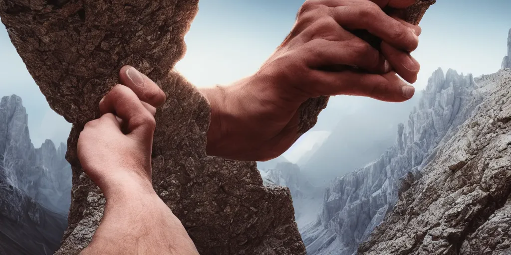 Prompt: ego perspective photography of hands holding climbing equpiment in the dolomites, climbing, dolomites, alpine, detailed intricate insanely detailed octane render, 8k artistic 1920s photography, photorealistic, chiaroscuro, hd, by David Cronenberg, Raphael, Caravaggio