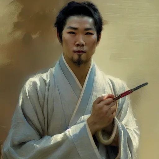 Image similar to a man wearing hanfu, muscular, detailed face, correct face, painting by Gaston Bussiere, Craig Mullins