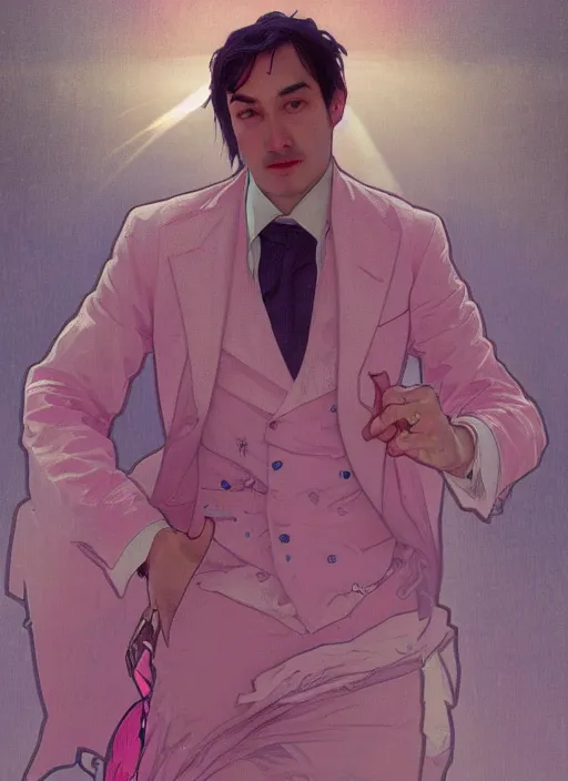 Image similar to JOJI wearing a pink suit elegant suit, singing in the dark, close-up, nighttime, portrait art by alphonse mucha and greg rutkowski, highly detailed, digital painting, concept art, illustration, dim lighting with twilight rays of sunlight, trending on artstation, very detailed, smooth, sharp focus, octane render, close up