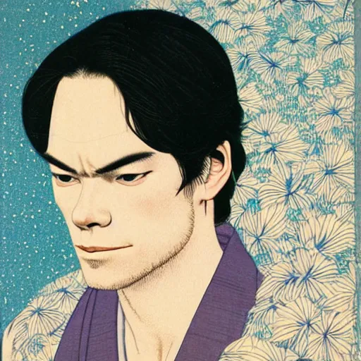 Image similar to michael c hall portrait by ikenaga yasunari and ayana otake and ko rakusui, 6 0 s poster, drawing, realistic, sharp focus, japanese, dreamy, nostalgia, faded, golden hues, floral clothes