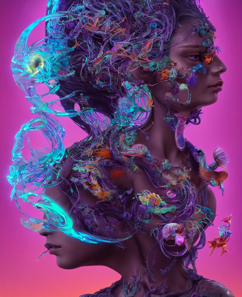 Image similar to goddess full color painted acryllic sculpture close-up portrait. orchid bird phoenix head, nautilus, skull, betta fish, bioluminiscent creatures, intricate artwork by Tooth Wu and wlop and beeple. octane render, trending on artstation, greg rutkowski very coherent symmetrical artwork. cinematic, hyper realism, high detail, octane render, 8k