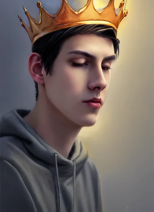 Image similar to portrait of teenage jughead jones wearing a light grey crown, photorealistic, crown, eyes closed, crown, black hair, intricate, elegant, glowing lights, highly detailed, digital painting, artstation, concept art, smooth, sharp focus, illustration, art by wlop, mars ravelo and greg rutkowski