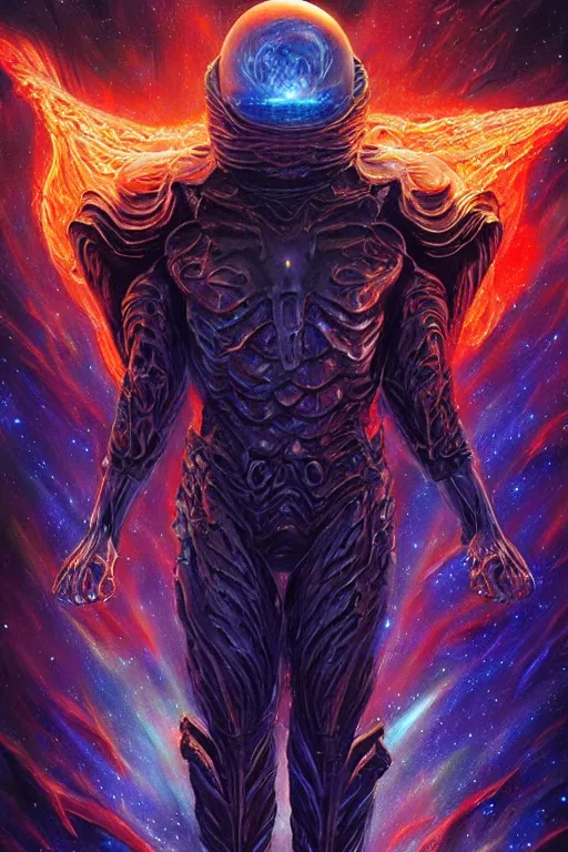 Image similar to beautiful oil painting with high detail of a interstellar demon made of stars and plasma, hybrid from dungeons and dragons and art direction by James Cameron ;by artgerm; wayne reynolds art station; Drew Struzan movie poster. cinematic quality character render; low angle; ultra high quality model; production quality cinema model;