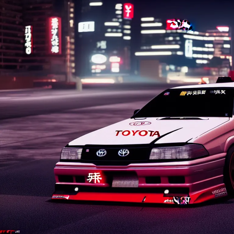 Image similar to Toyota JZX100 Drift, detailed-wheels, Shibuya prefecture, cinematic lighting, photorealistic, night photography, octane render