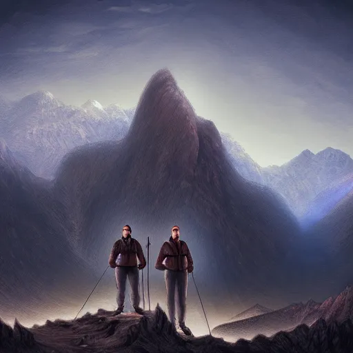 Prompt: of Willow team in Armenia hiking at a weekend and posing with mountains on the background, dark fantasy, medium shot, intricate, ornate, elegant, highly detailed, digital painting, volumetric light, artstation, concept art, smooth, sharp focus, illustration