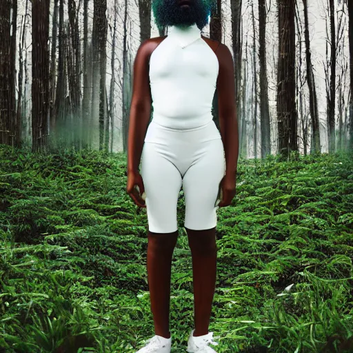 Image similar to Tobe Nwigwe as a angelic figure, in a cybernetic forest of green