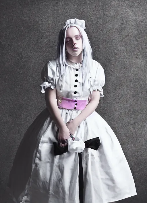Prompt: photo of Billie Eilish dressed as a maid