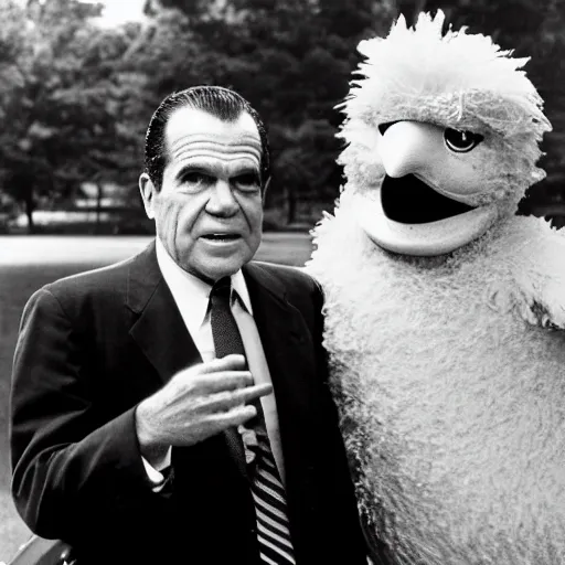 Prompt: Richard Nixon being secretly photographed meeting Big Bird in a park, cia, black and white photo, photorealistic