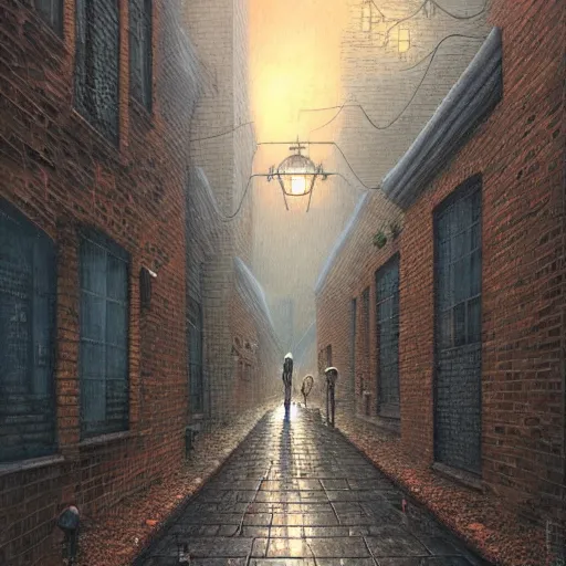 Prompt: strange alleyway, rainy night by Andrew Ferez, Shaun Tan