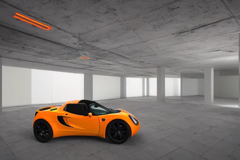 Image similar to highly detailed underground parking garage showcasing one only one single lone sparkly orange Lotus Elise, fluorescent ceiling lights, by Beeple and Syd Meade, concept art, octane render, 8k HDR, artstation