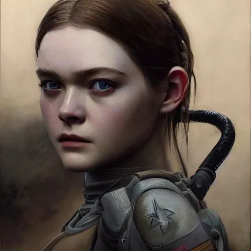 Image similar to ultra realistic portrait painting of elle fanning in metal gear solid and death stranding, art by frank frazetta, 4 k, ultra realistic, highly detailed, epic lighting